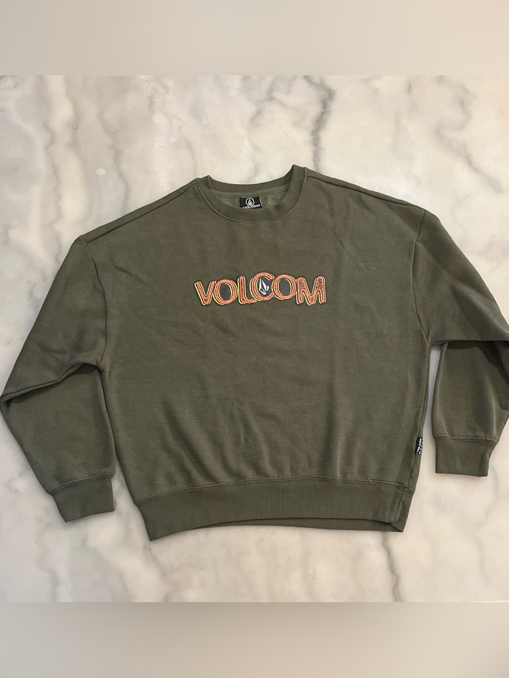 Volcom Olive Green Crewneck Sweater with Orange Logo